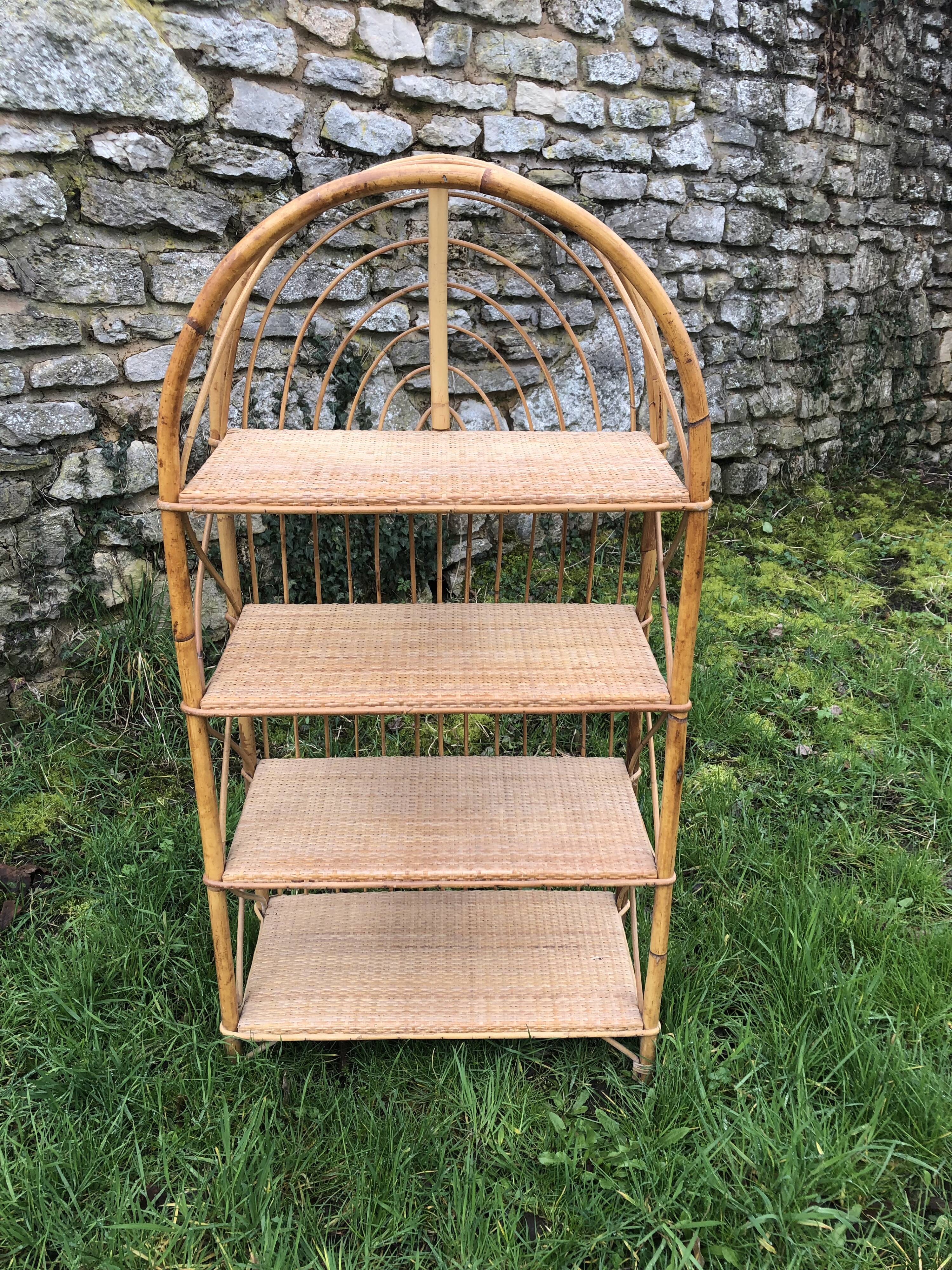 Vintage 60s bamboo rattan standing shelf