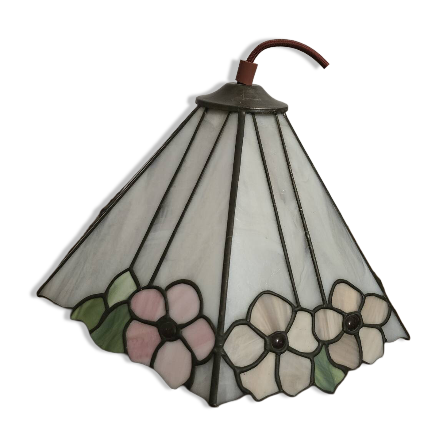 Tiffany-style stained glass lampshade with floral motifs.