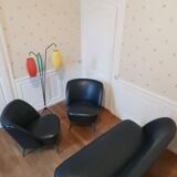 Living room sofa 2 black leather armchairs