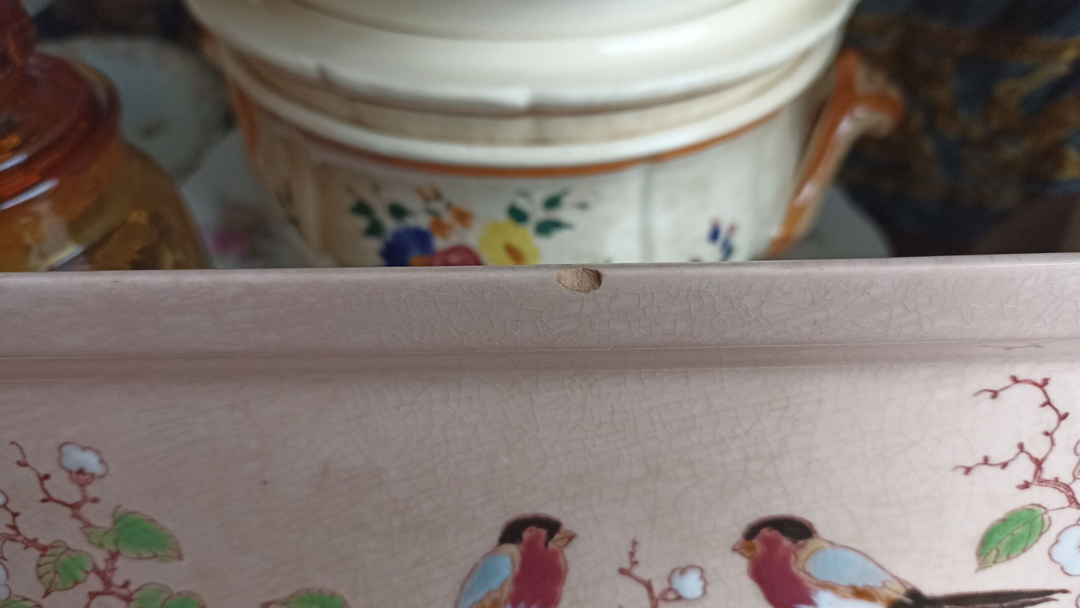 Art Deco cake dish by Longwy in pink earthenware and cloisonné enamels