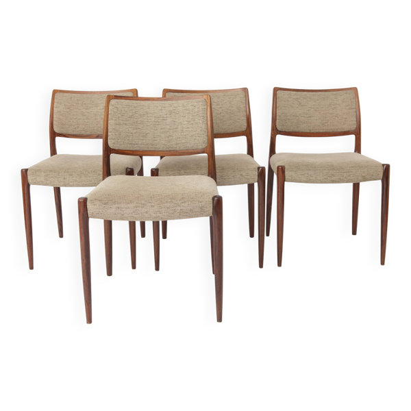 Ensemble de 4 chaises de salle à manger en palissandre modèle 80 de Niels Otto Møller, design danois moderne.