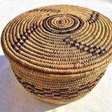 Antique basket with ethnic lid with black/brown and red décor
