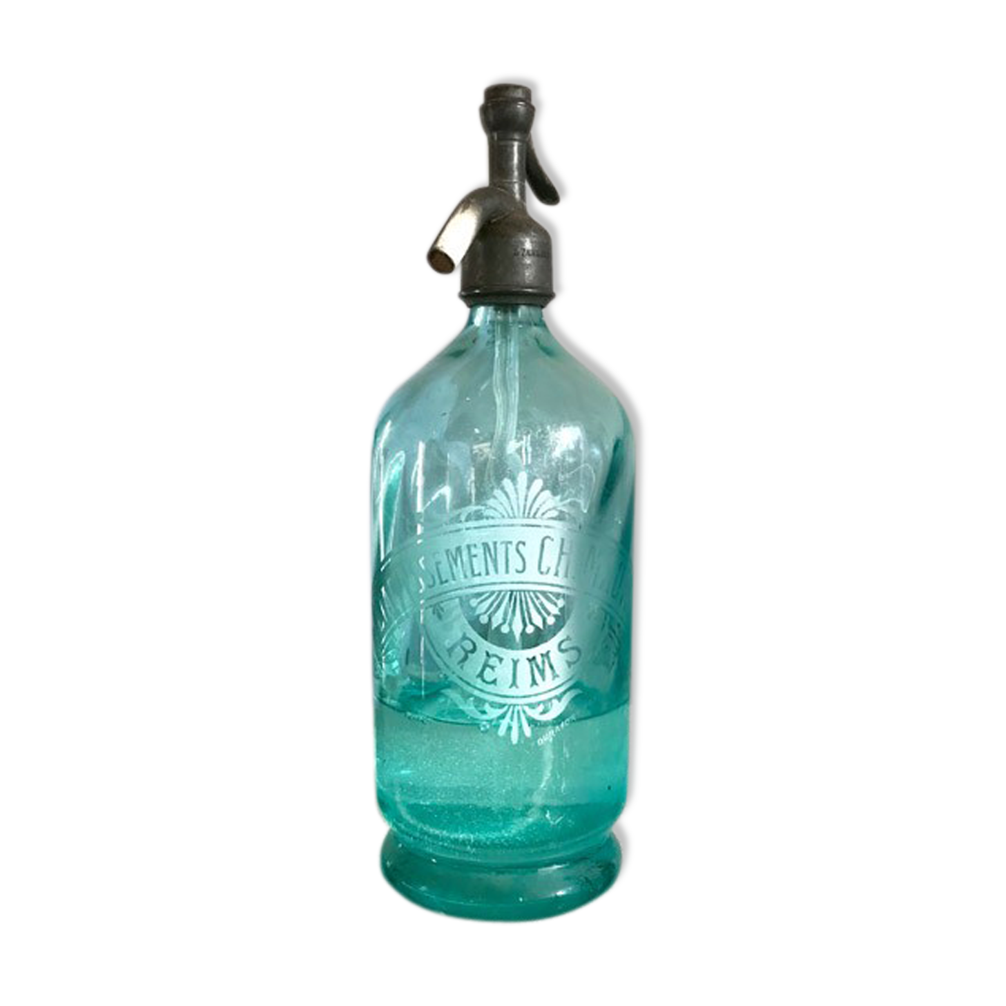 Ancien siphon en verre bleu