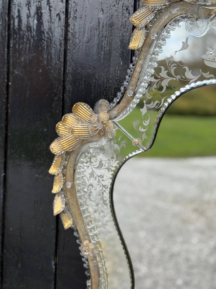 Venetian Murano Glass Mirror, Gilded with Fine Gold, Engraved Mirror, Circa 1950