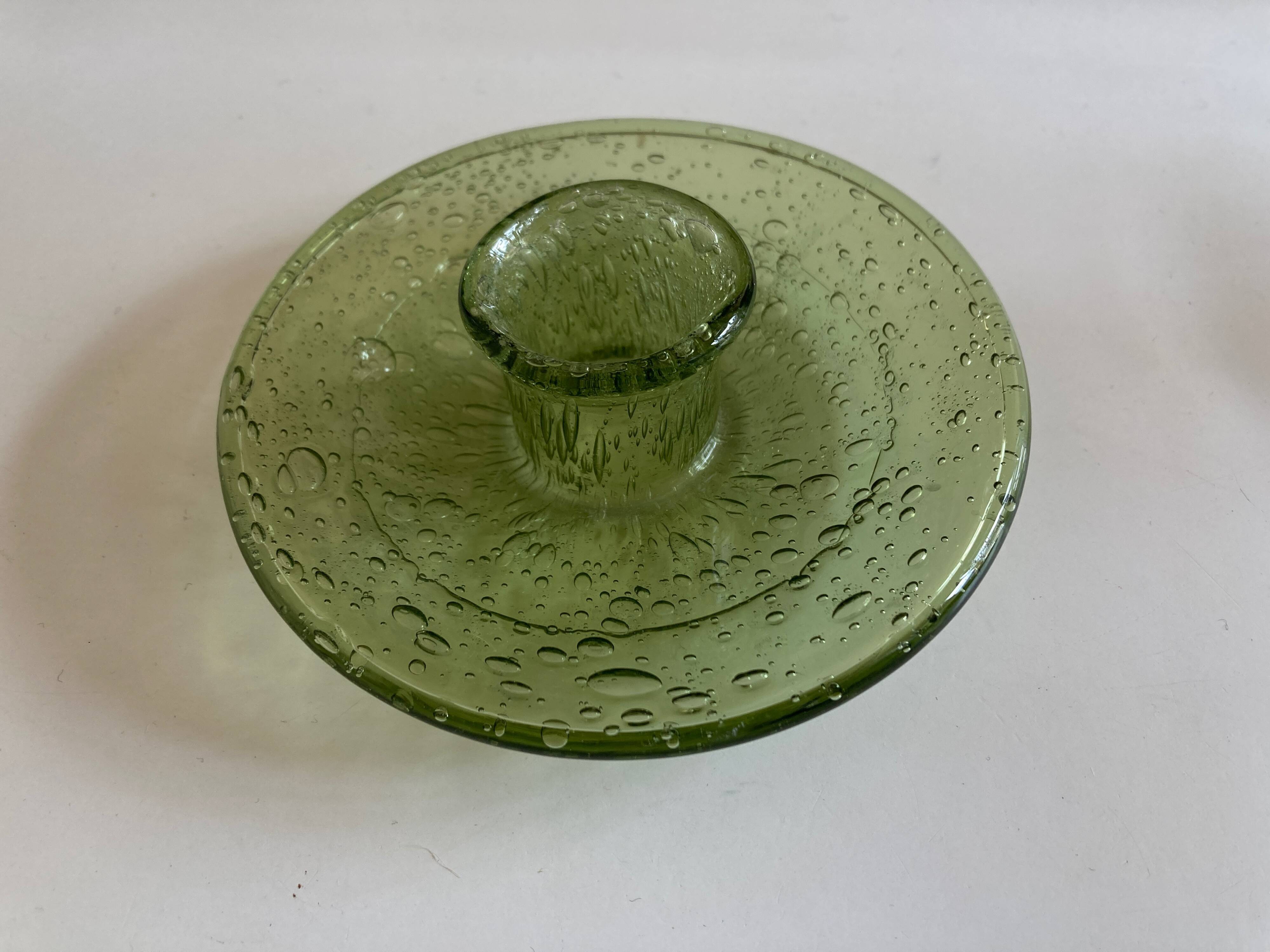 Biot candle holder in lime green bubbled glass 1970