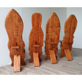 Series of 4 brutalist chairs carved in solid pine 1970