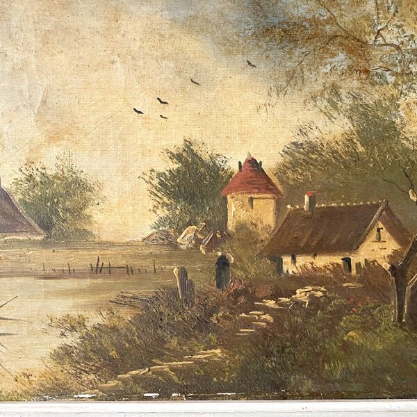 Peinture ancienne sur toile encadrée , campagne
