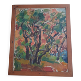 Oil on canvas scene of trees from the 1950s.