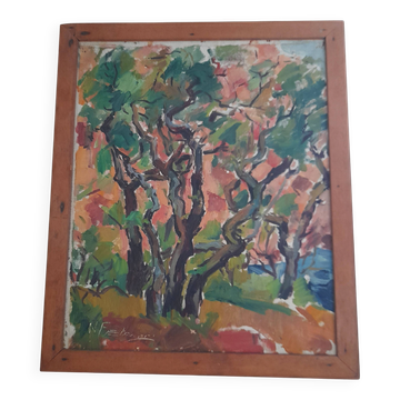 Oil on canvas scene of trees from the 1950s.