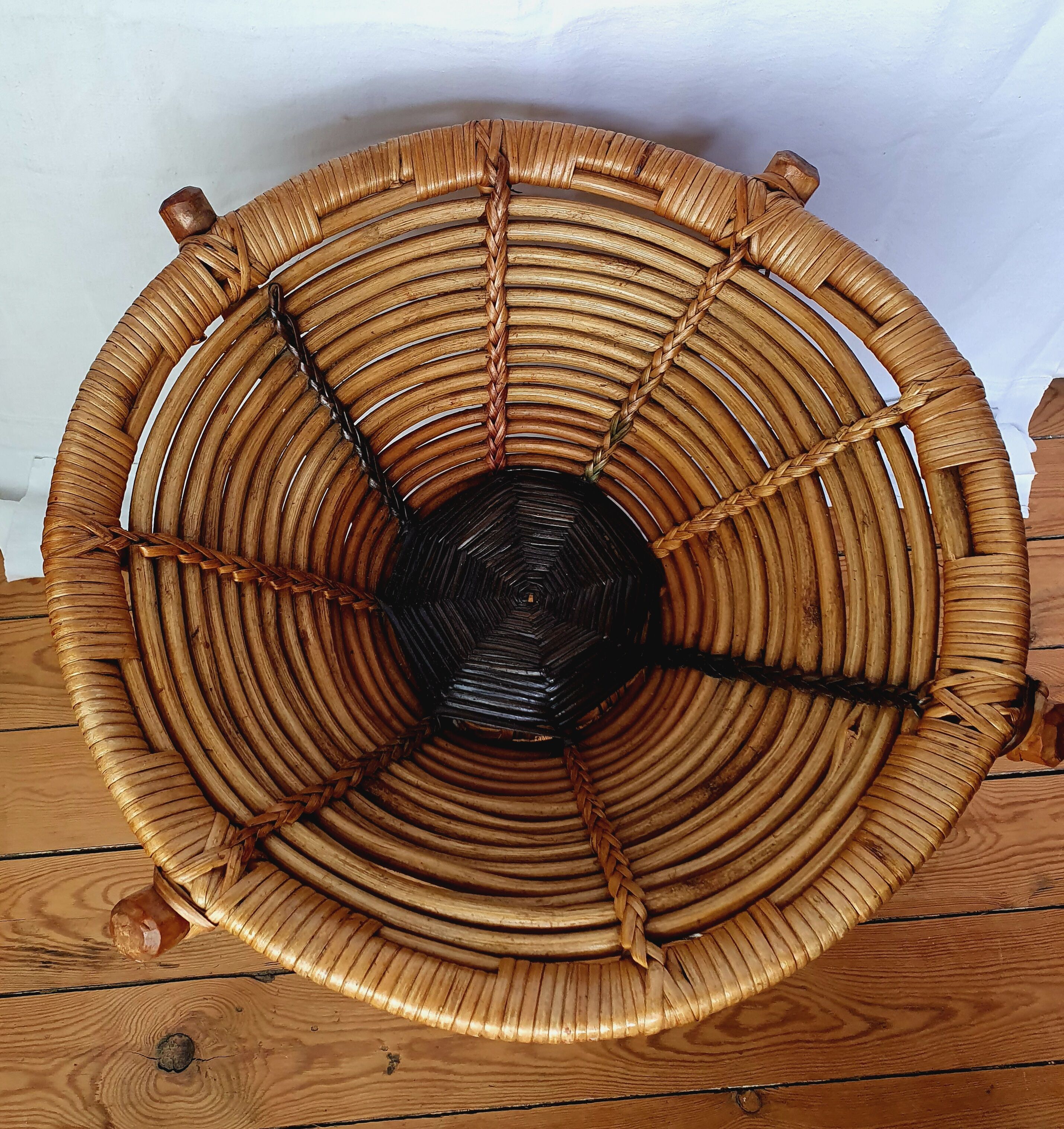 Basket on wooden and woven wicker legs 1950
