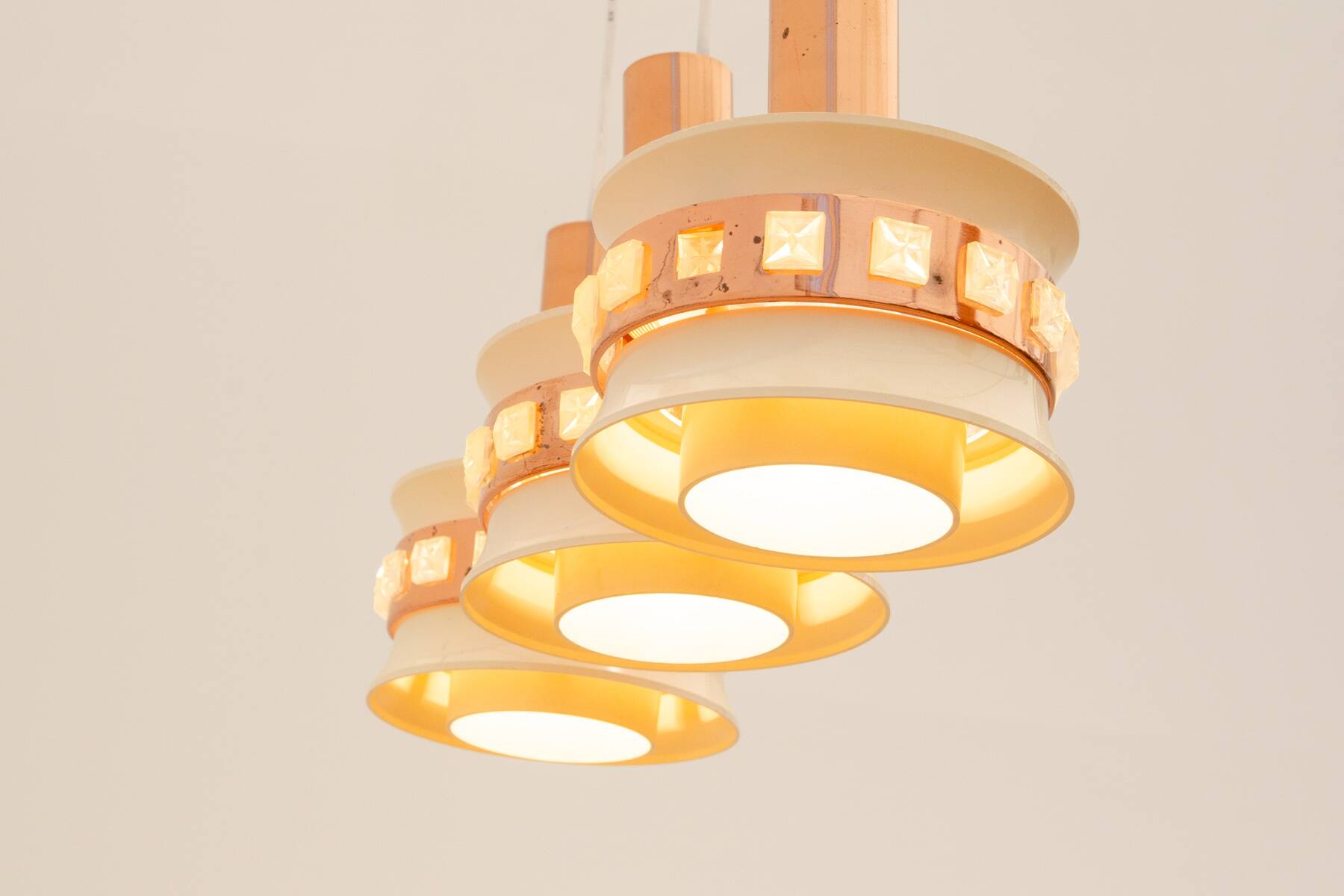 Vintage hanging lamp with three cut glass lampshades, Kamenický Šenov, 1970´s