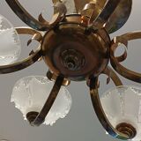 Antique Art Deco brass and glass chandelier