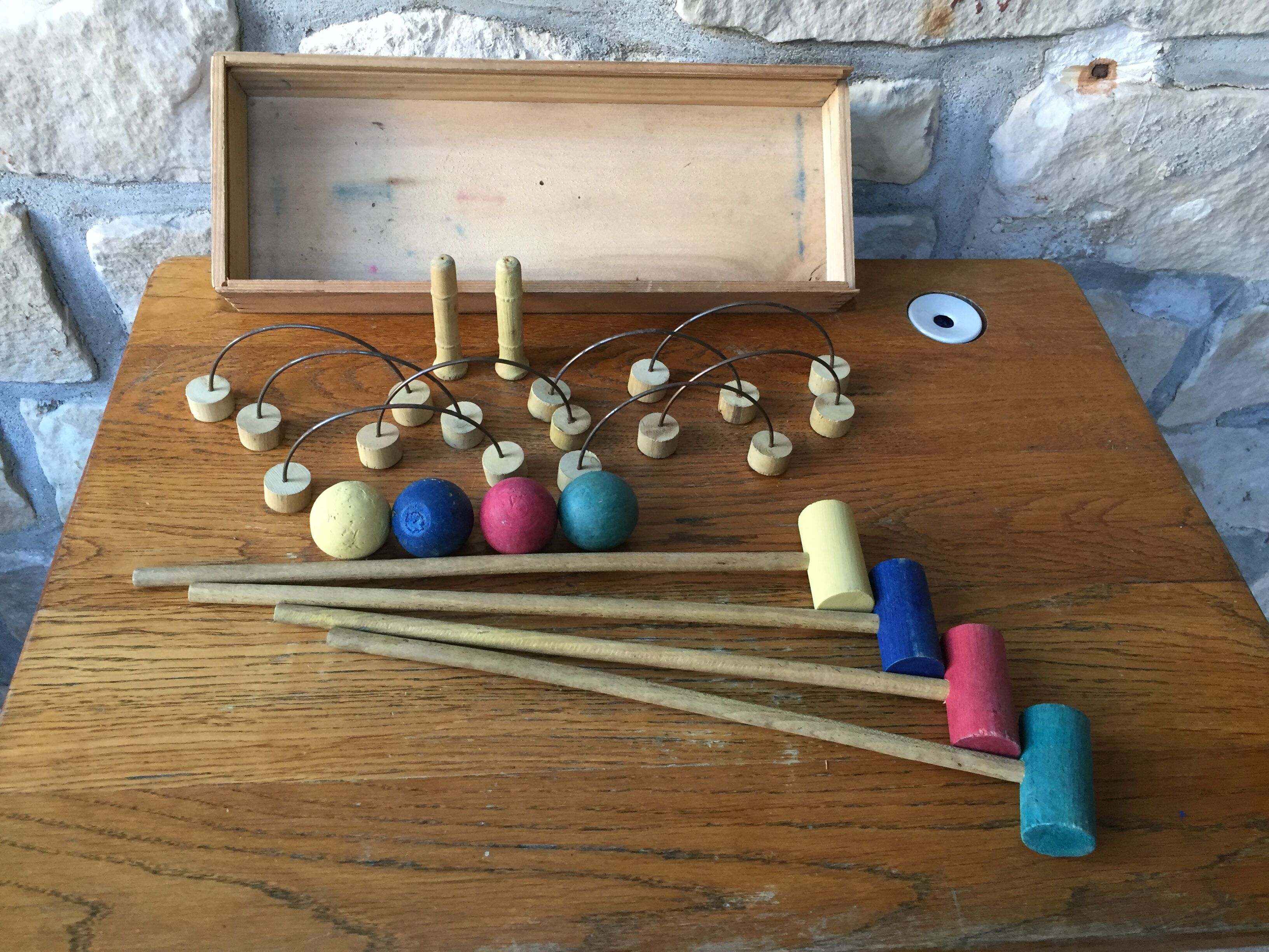 Old wooden lounge croquet game in its box