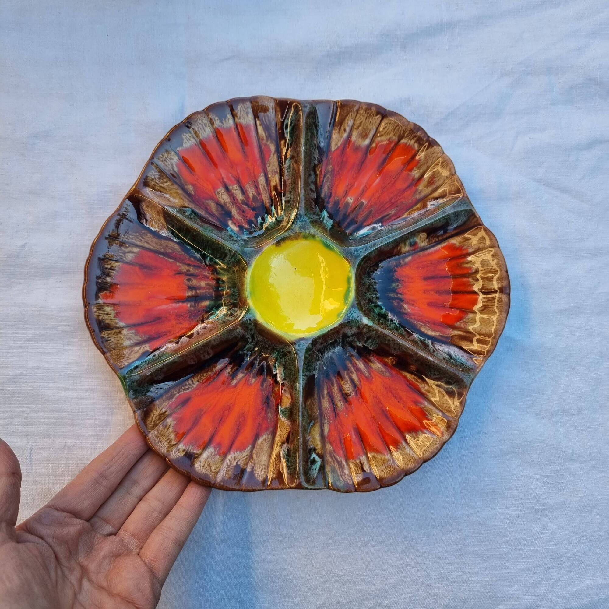 Ceramic oyster dish for 6 Barbotina handcrafted painted and enameled from Vallauris France 1970s