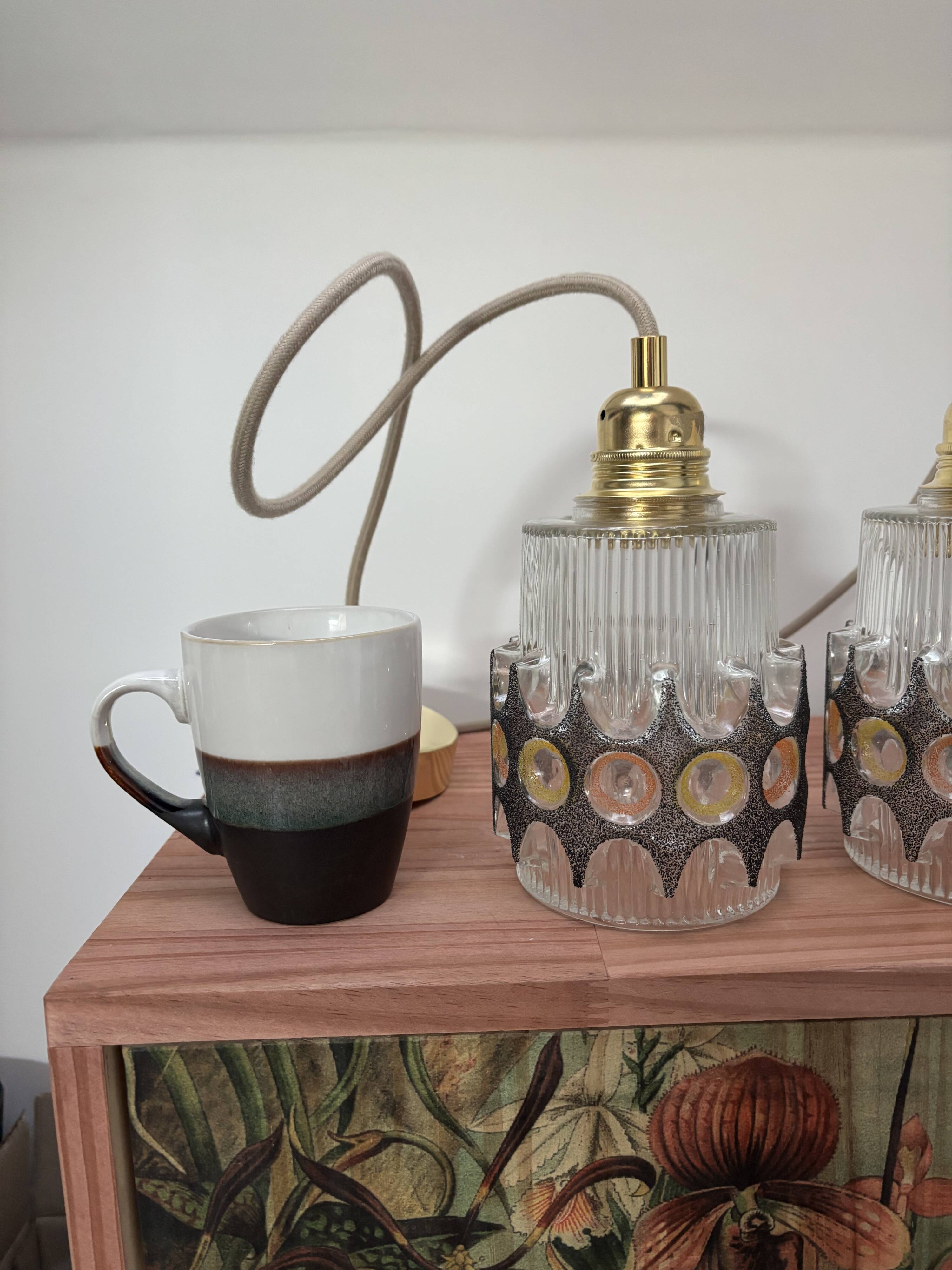 Pair of vintage faceted glass pendant lights