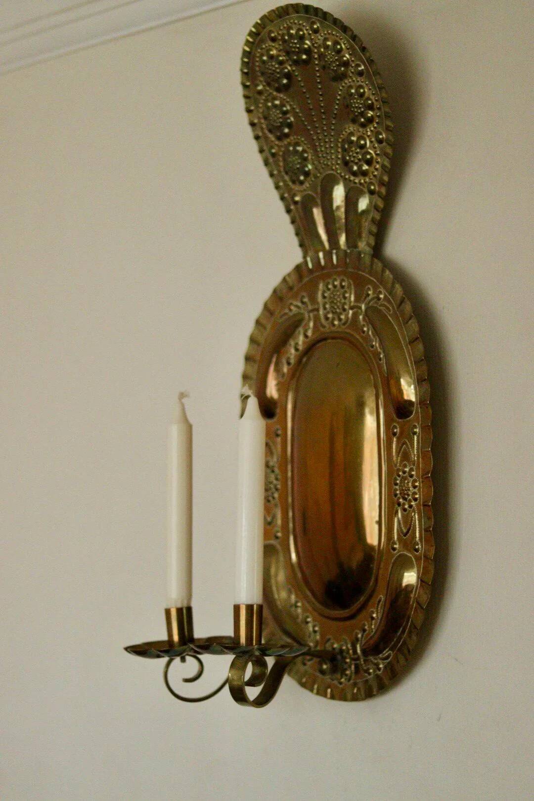 X-large mid-century Swedish brass Baroque sconce with double arm design