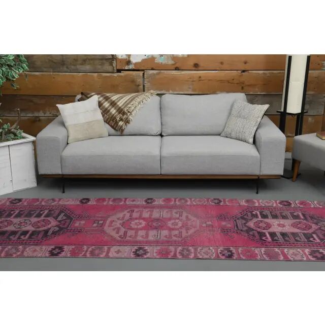 Vintage Turkish Hand-Knotted Wool Cotton Pink Runner Rug 104x351