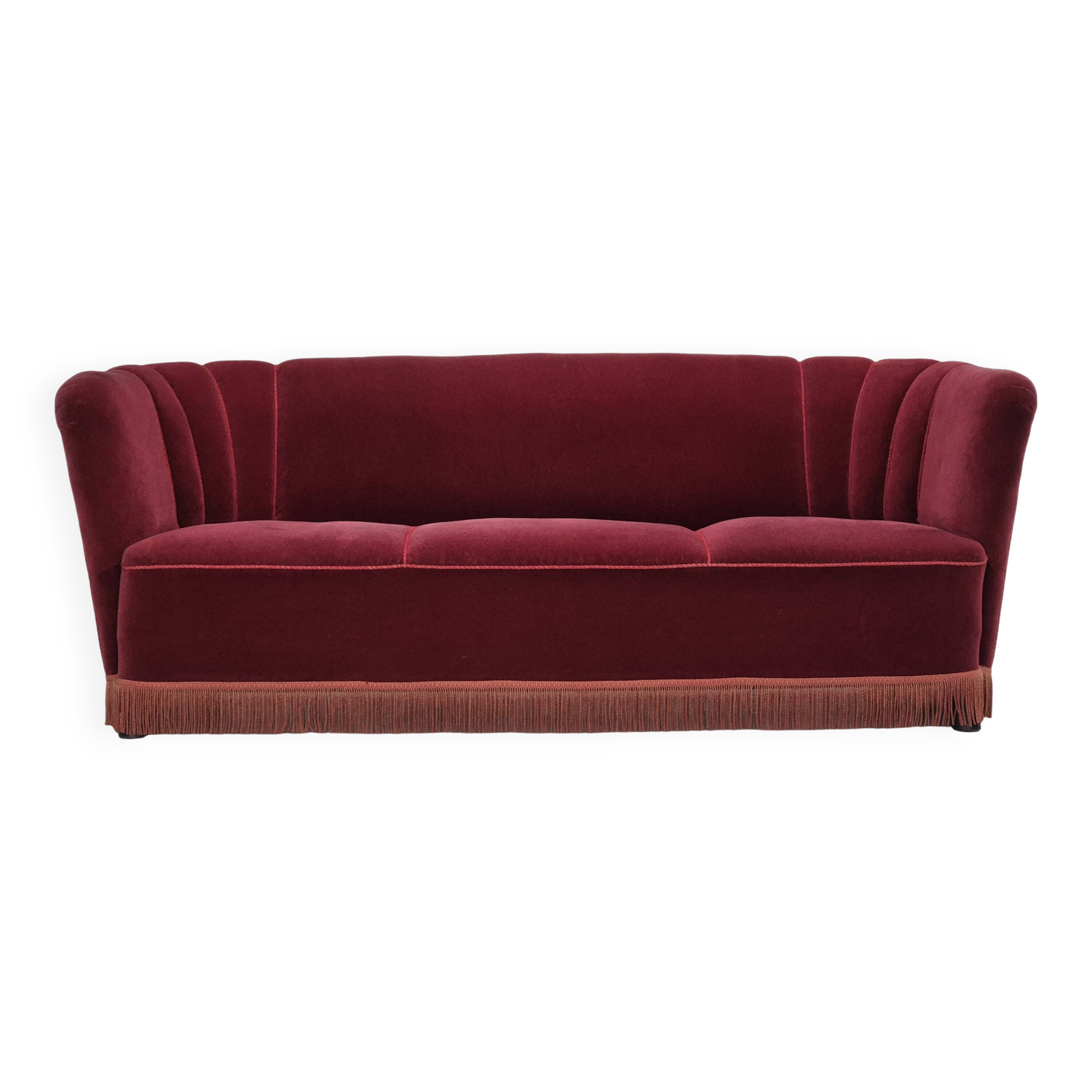1960s, Danish 3 seater sofa, original condition, cherry-red furniture velour.