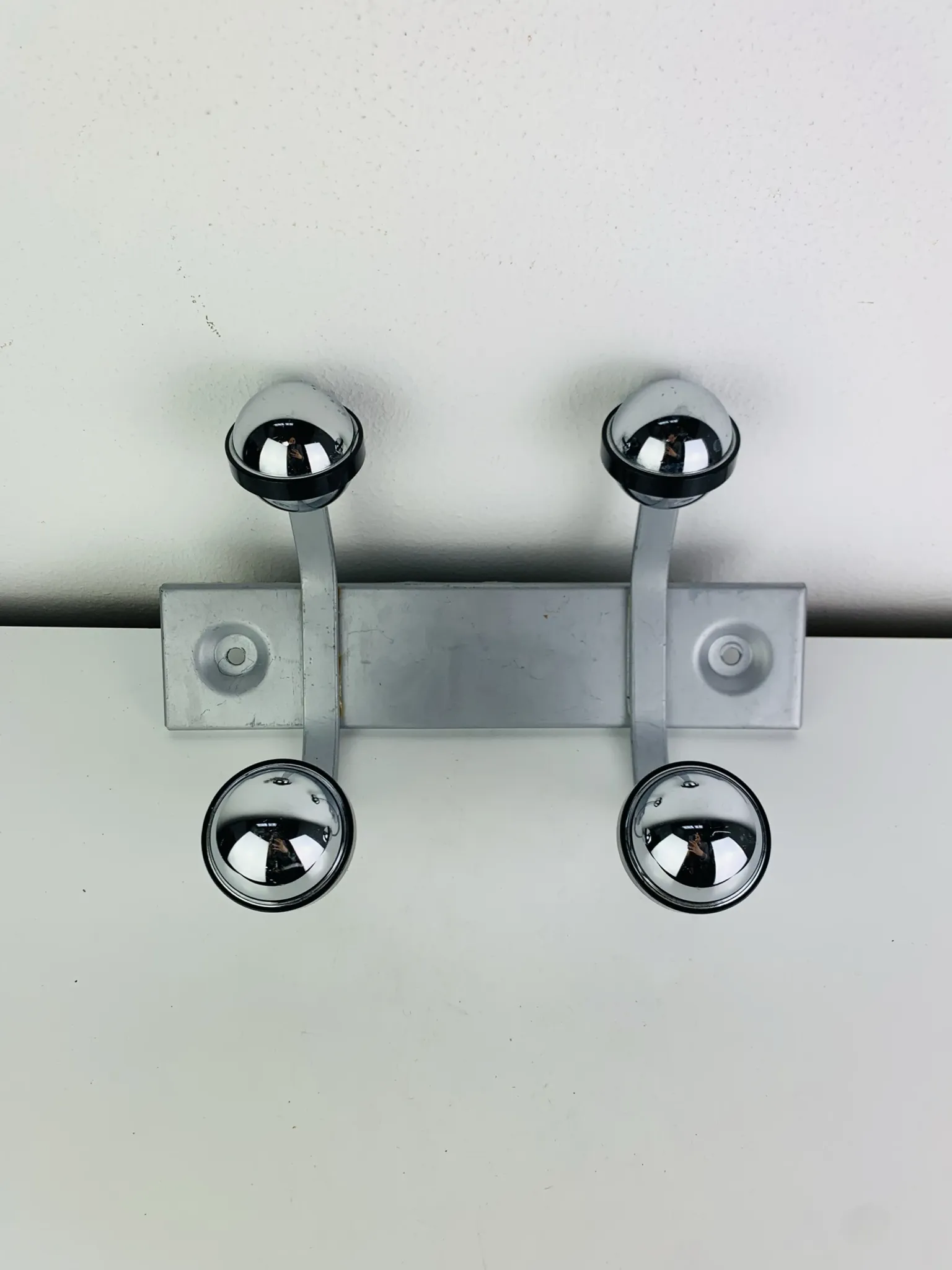 Wall-mounted coat rack, double chrome and grey metal hook, vintage