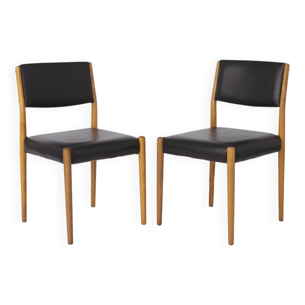 Ensemble de 2 chaises allemandes vintage, années 1960, en hêtre, revêtement en similicuir noir, style vintage