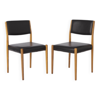 Set of 2 Vintage German Chairs, 1960s Beechwood, Black Faux Leather, VIntag