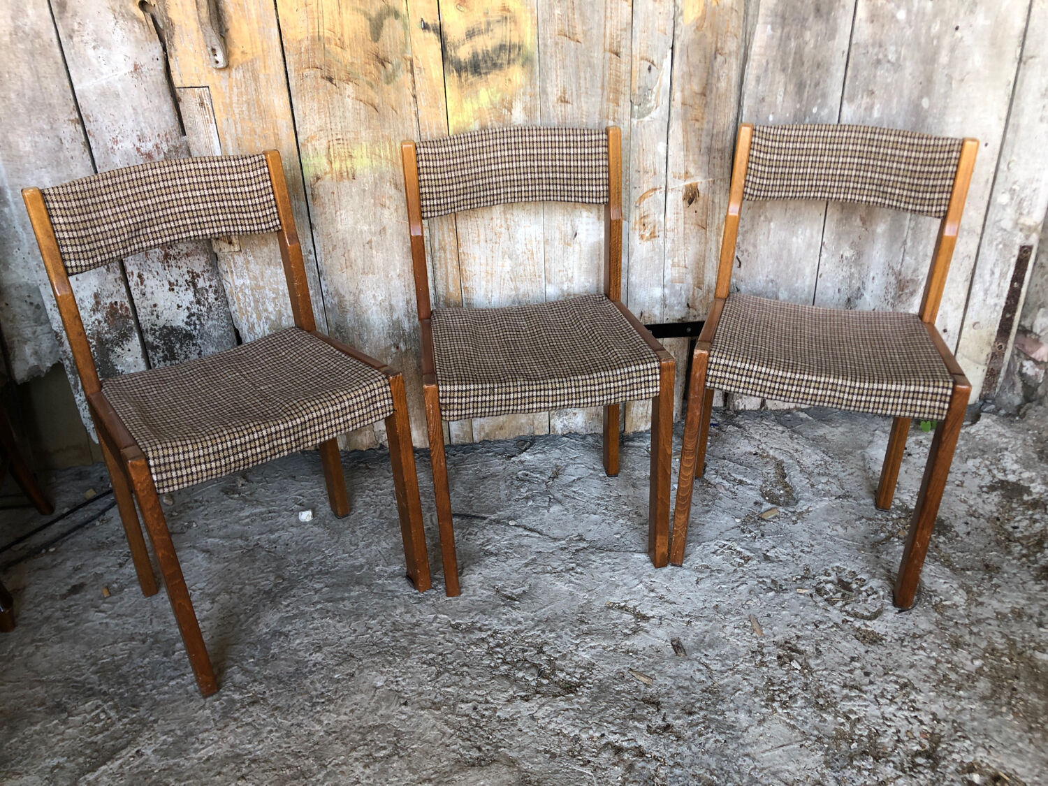 Set of 3 vintage 60s wooden fabric and tile chairs