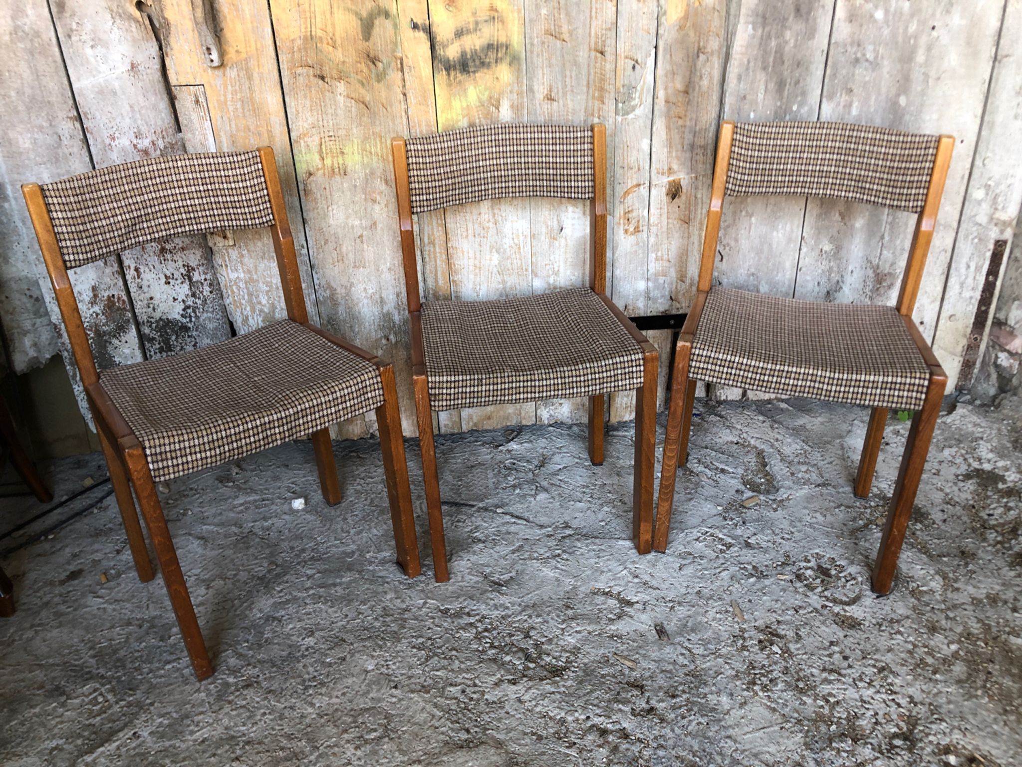Set of 3 vintage 60s wooden fabric and tile chairs