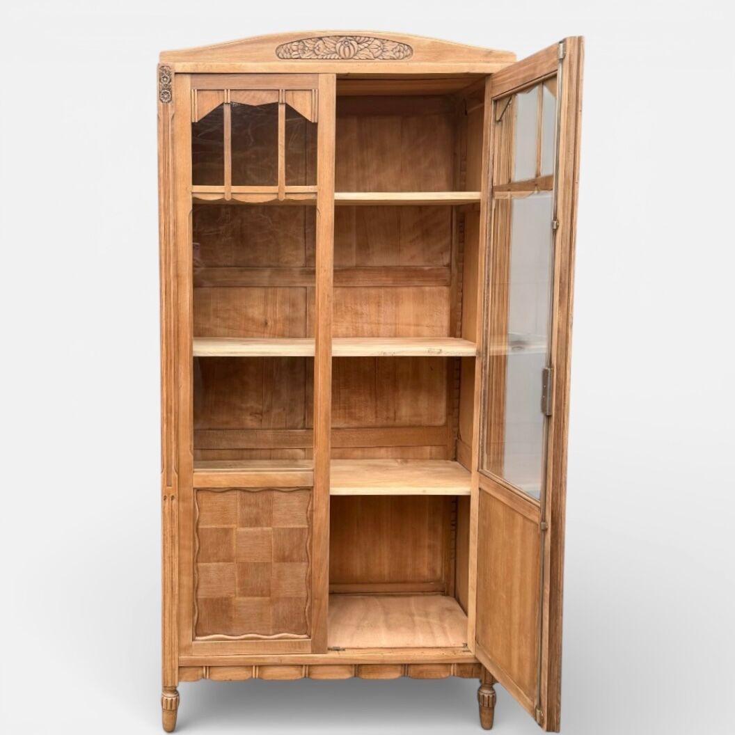 Parisian glass-fronted Art Deco wardrobe in solid raw walnut.