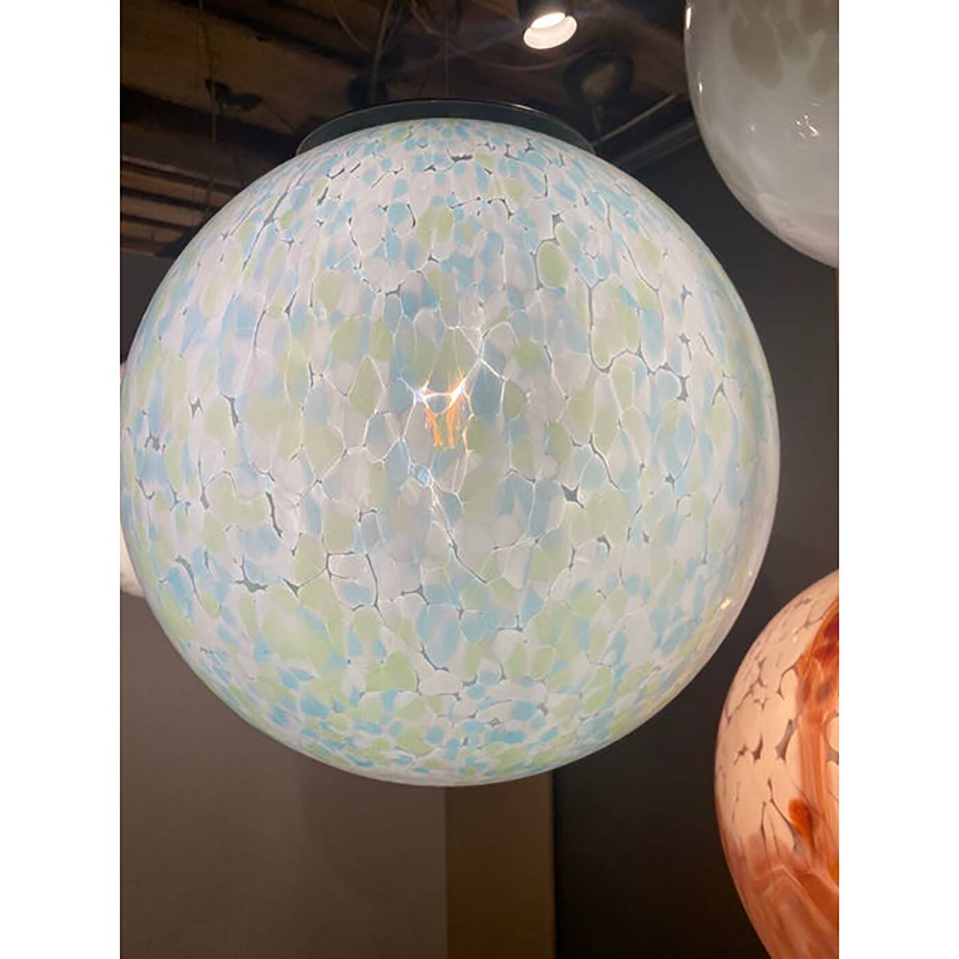 Contemporary Light Green Light Blue and White Swirling Sphere Pendant in Mu