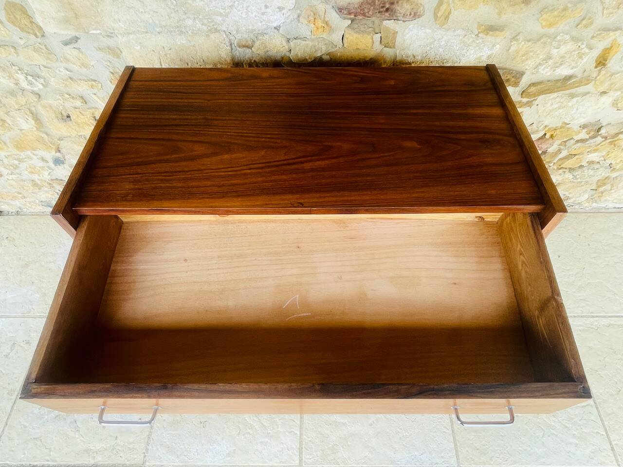 Vintage walnut commode with tapered legs circa 1950s