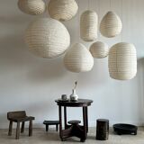 Suspension in rattan and natural japanese linen in the shape of a drop