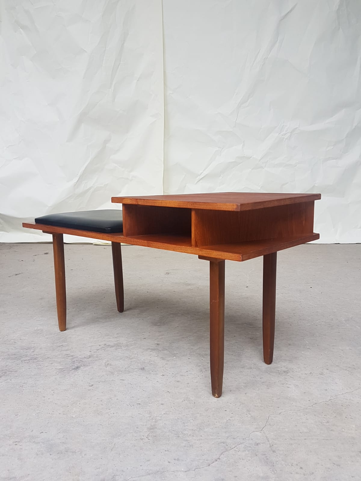 Vtg Mid Century Teak Vinyl Hallway Telephone Chair Table Bench Stool Danish 70s