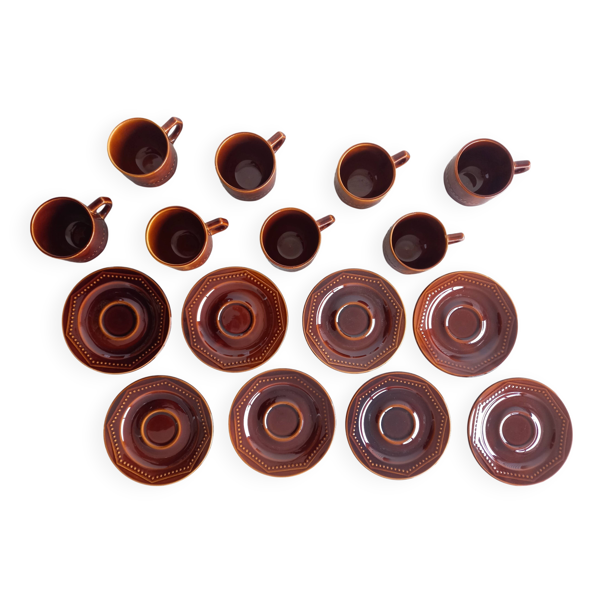 Set of 8 Vintage (1970) Belgian Brown Coffee/Tea Cups and Saucers