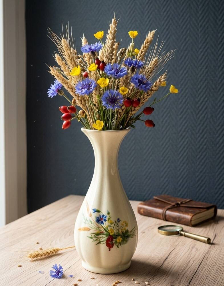 Vintage White Broken Ceramic Vase with Floral Pattern, Ribbed Vase