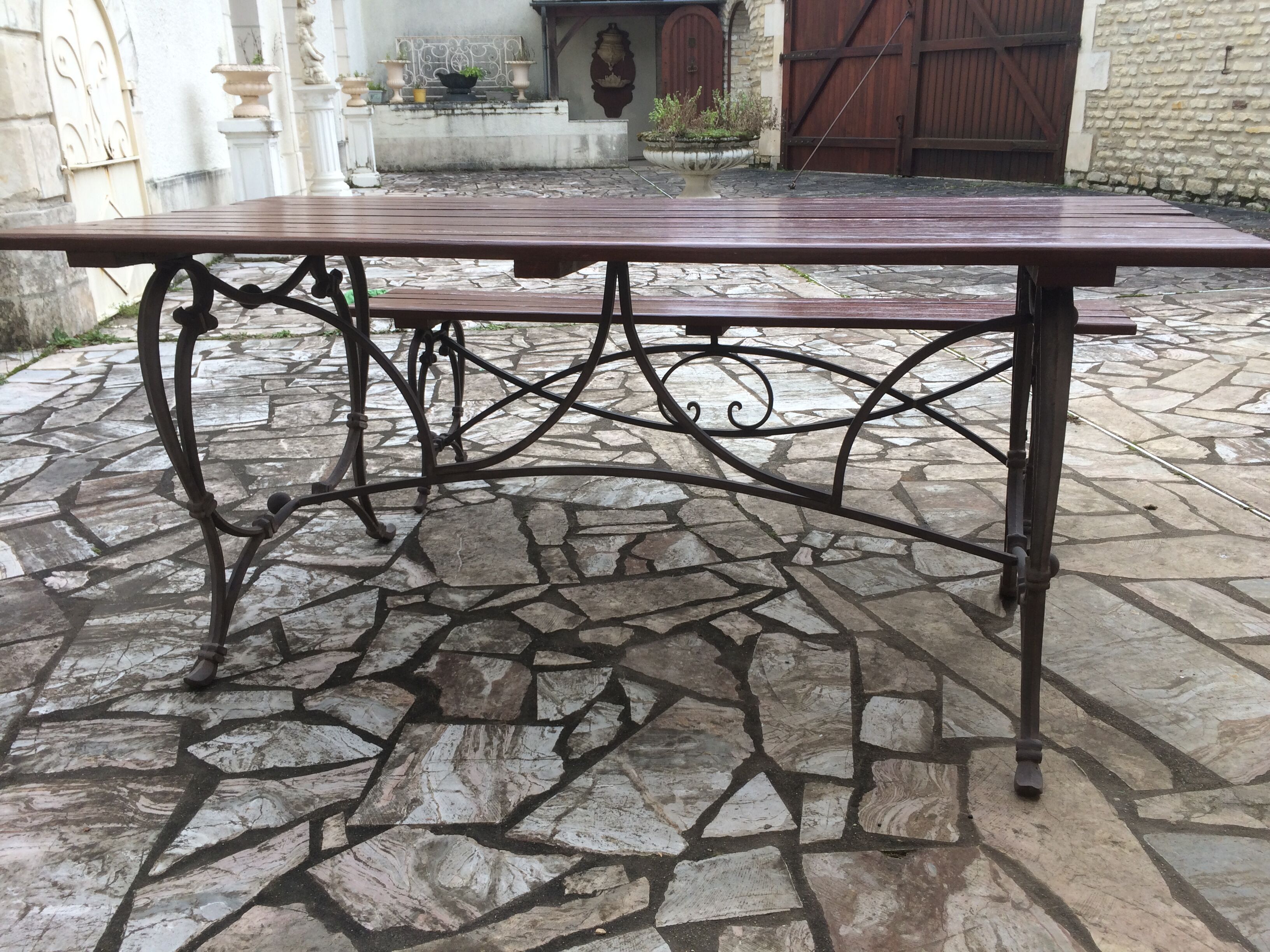 Garden lounge table and 2 cast iron and oak benches