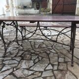 Garden lounge table and 2 cast iron and oak benches
