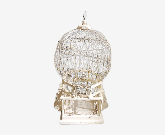 Ancienne cage à oiseaux ‘marocaine’ en bois blanc et métal