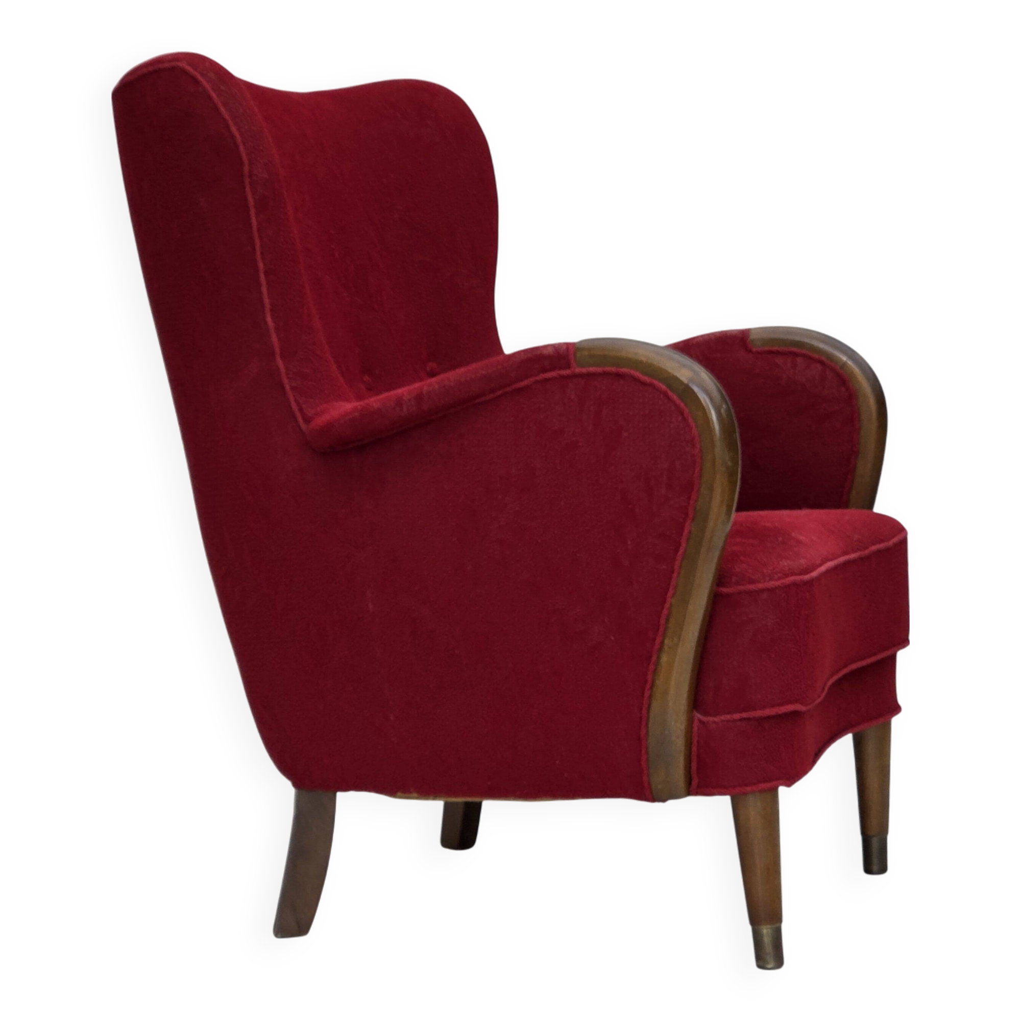 Fauteuil danois des années 1960, état d'origine, tissu en laine, pieds en bois de hêtre.