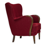 Fauteuil danois des années 1960, état d'origine, tissu en laine, pieds en bois de hêtre.