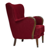 Fauteuil danois des années 1960, état d'origine, tissu en laine, pieds en bois de hêtre.