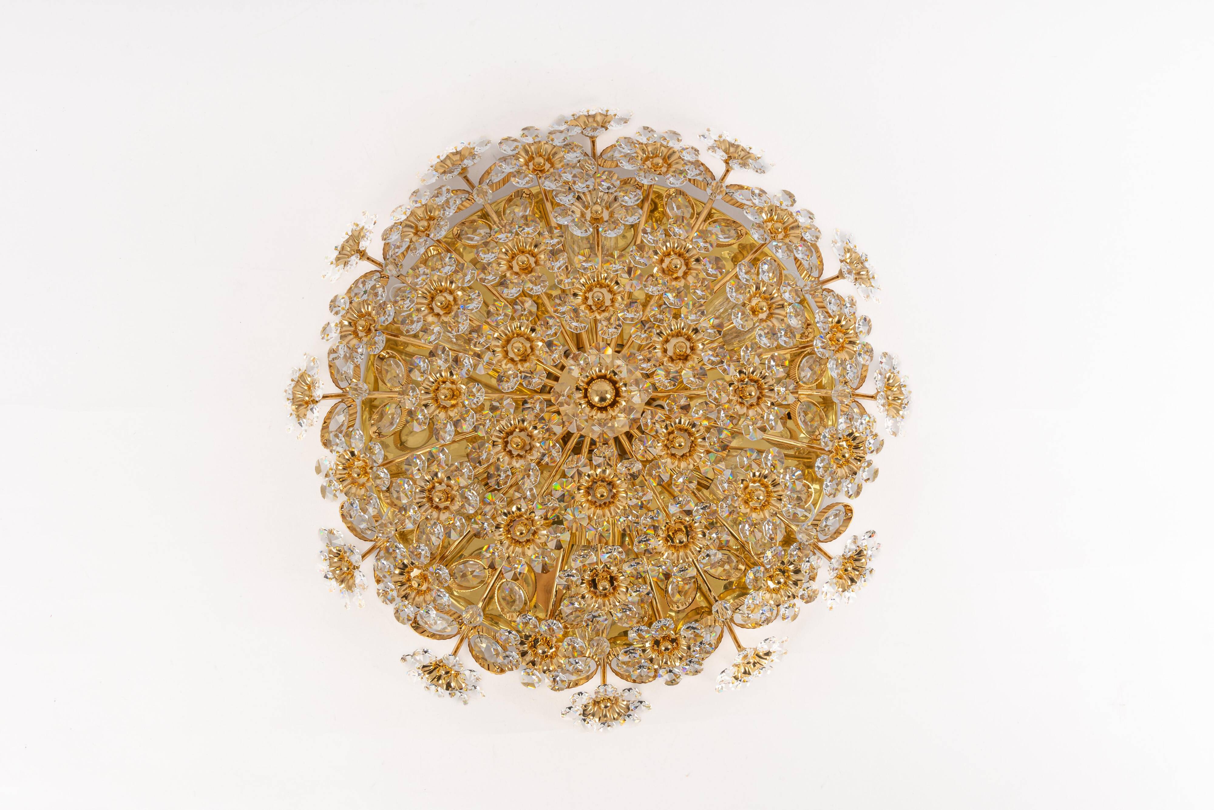 Brass ceiling light with cut glass flowers by Palwa, Germany, 1970s.