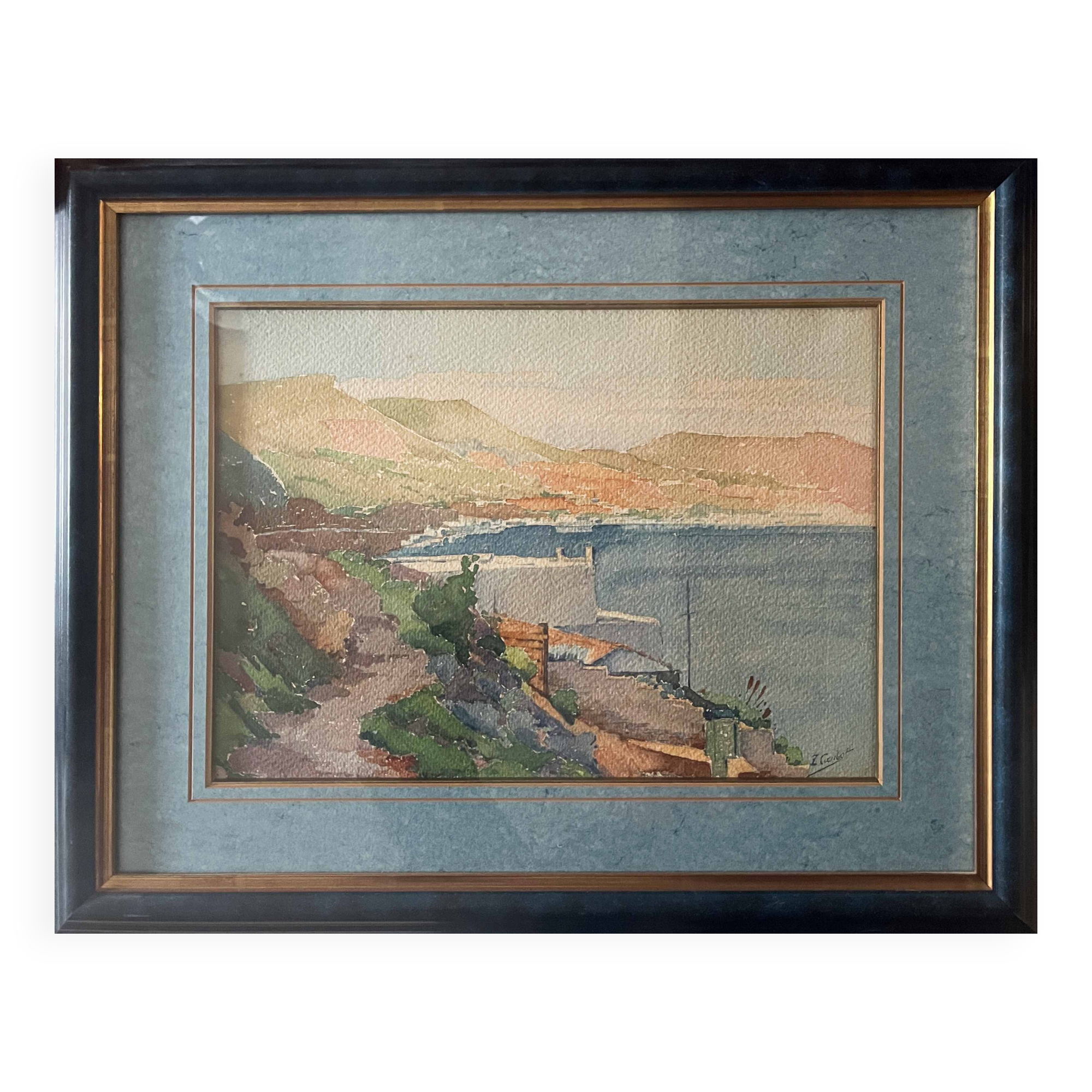 Tableau Aquarelle Paysage Marine Orientaliste (Algérie) + cadre