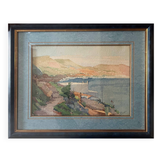 Orientalist Seascape Watercolor Painting (Algeria) + frame