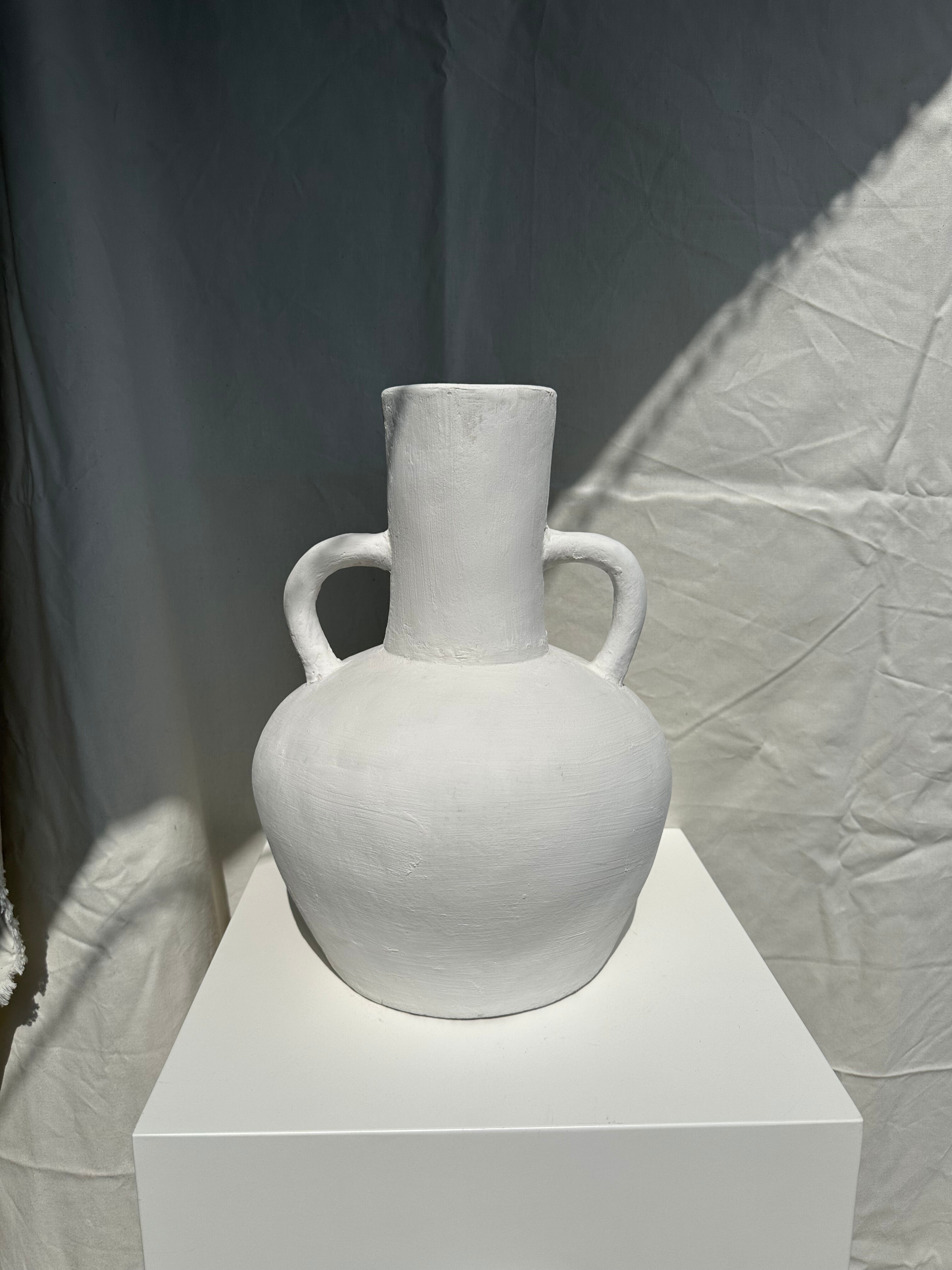 Handcrafted terracotta vase painted white with double handles h:40 d:30