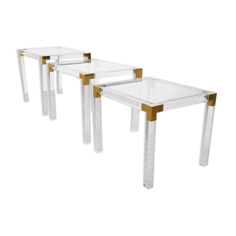 Set of 3 lucite and brass nesting tables, 1970s