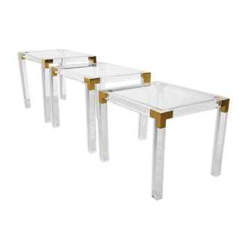 Set of 3 lucite and brass nesting tables, 1970s
