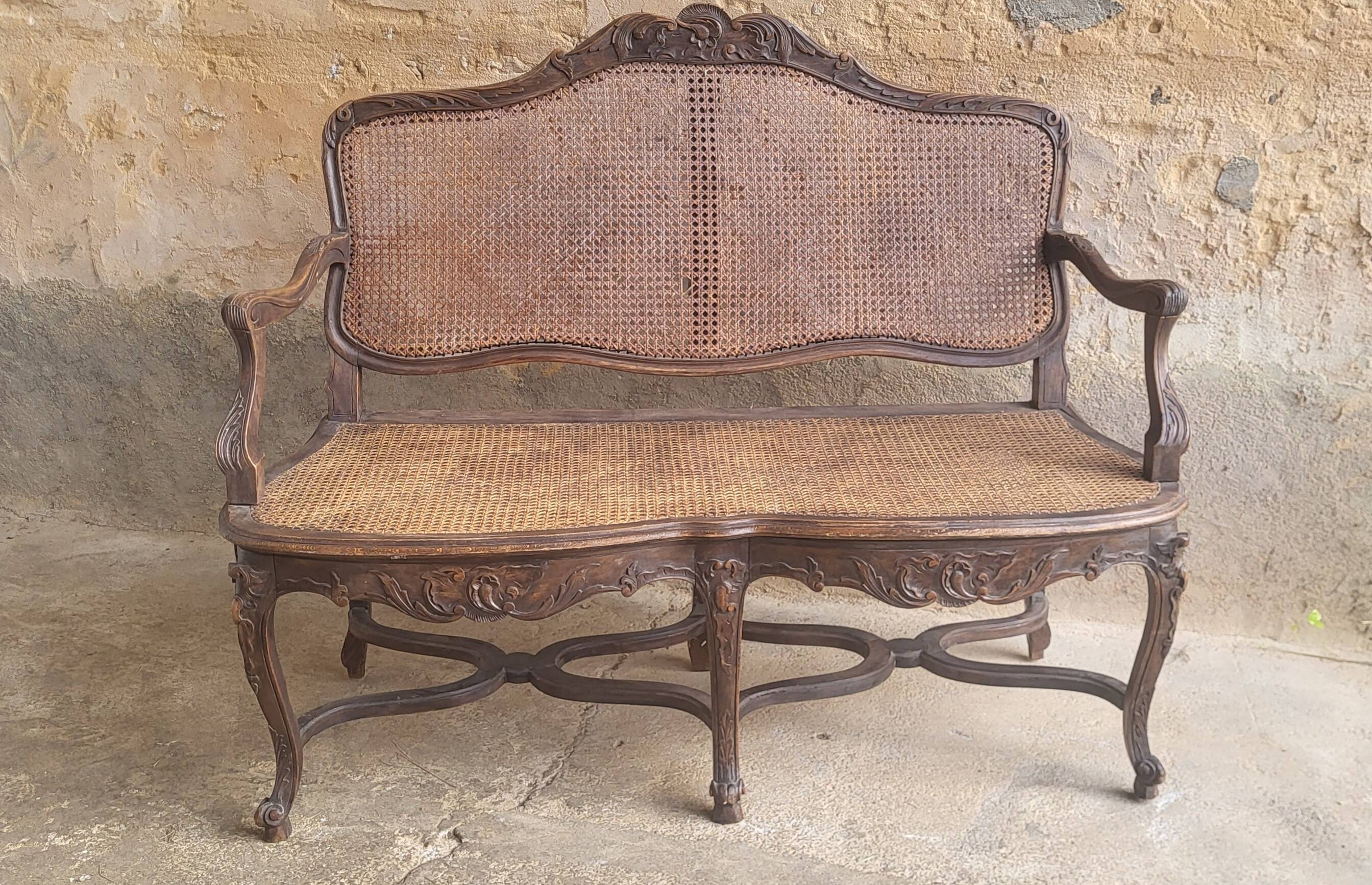 Louis XV rattan cane bench, 19th century