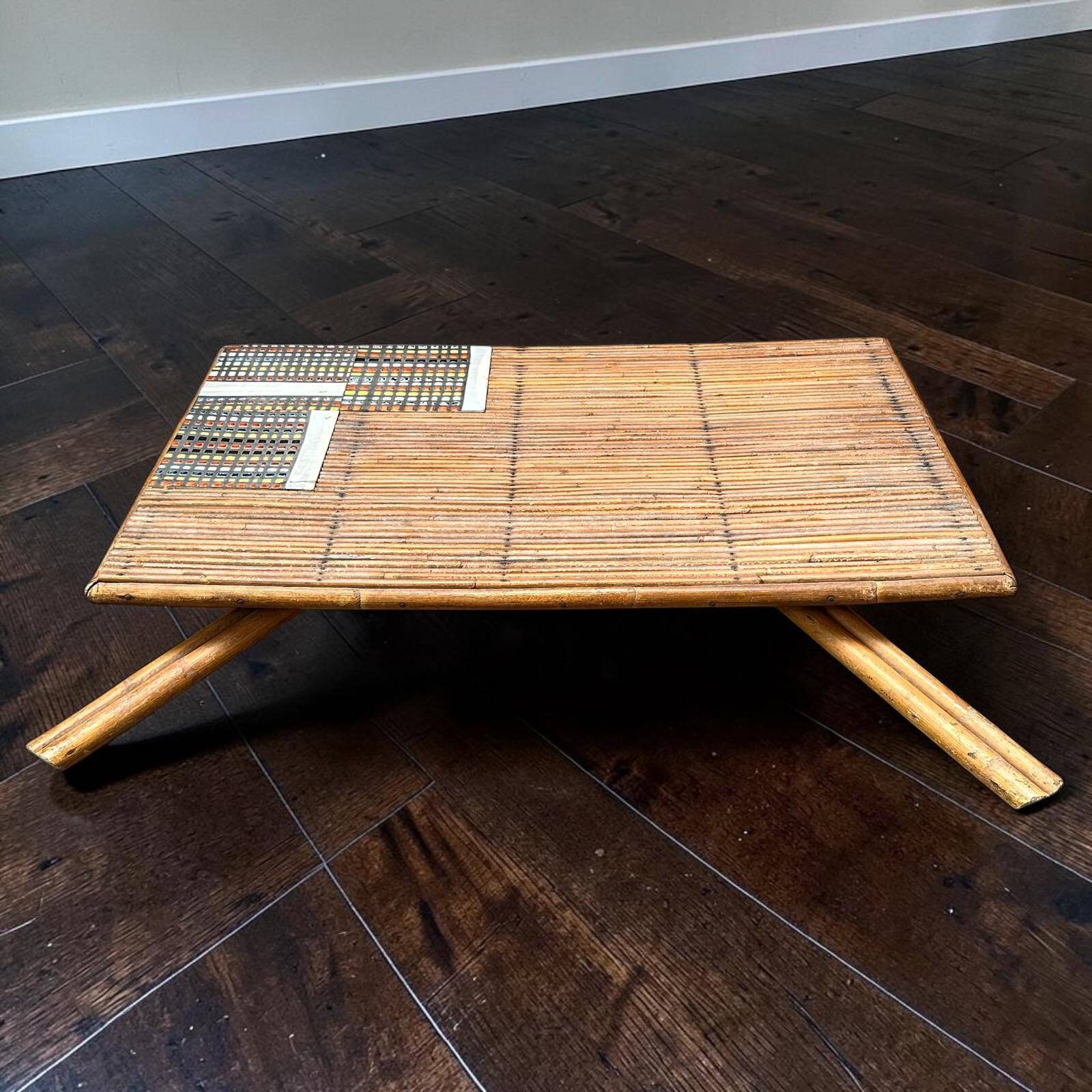 Rattan and ceramic coffee table by Roger Capron