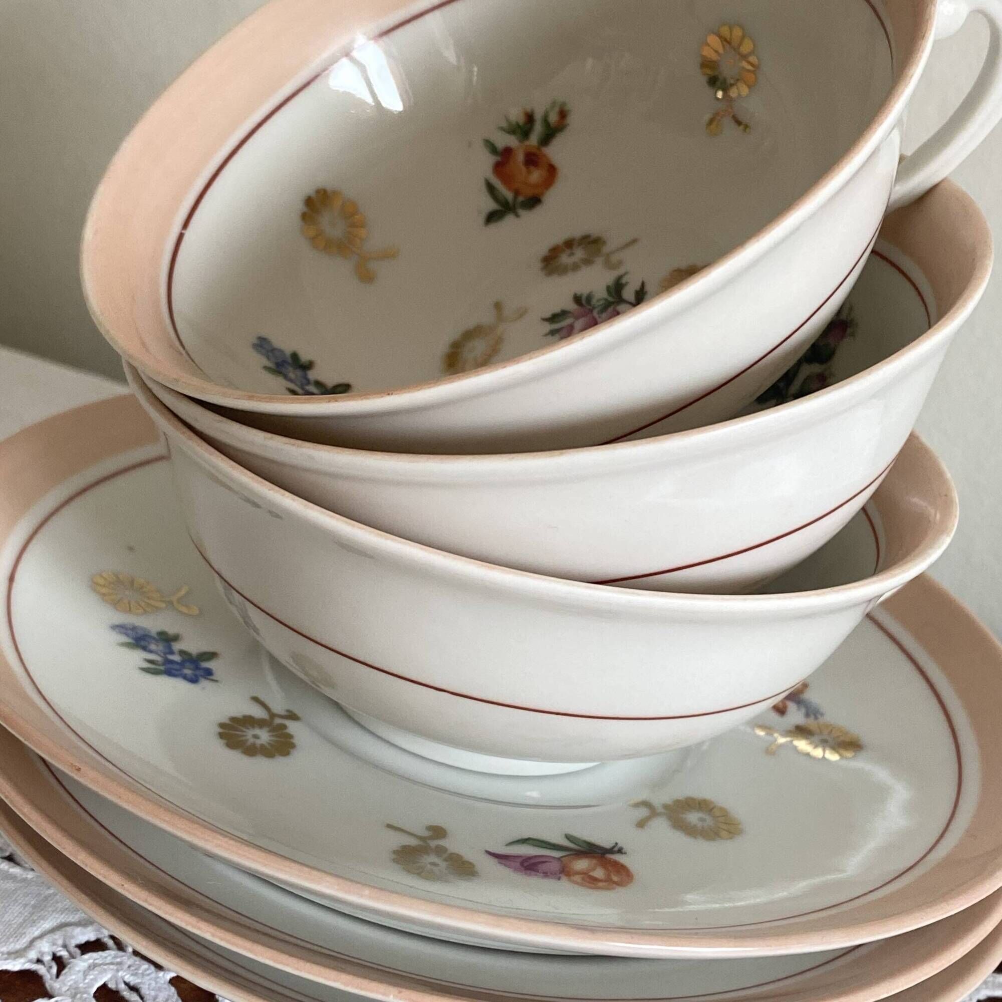 Set of 6 coffee, tea, chocolate cups, antique Limoges porcelain