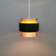 Hanging lamp,  of silver coloured aluminium with black "ring" and orange inner contrast lacquer.